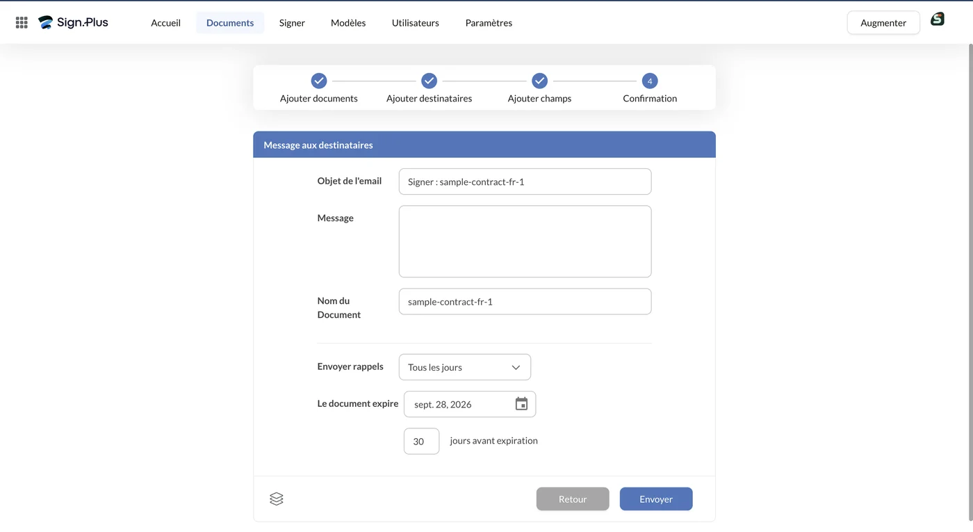 Écran Message aux destinataires avec objet, rappels quotidiens et expiration à 30 jours
