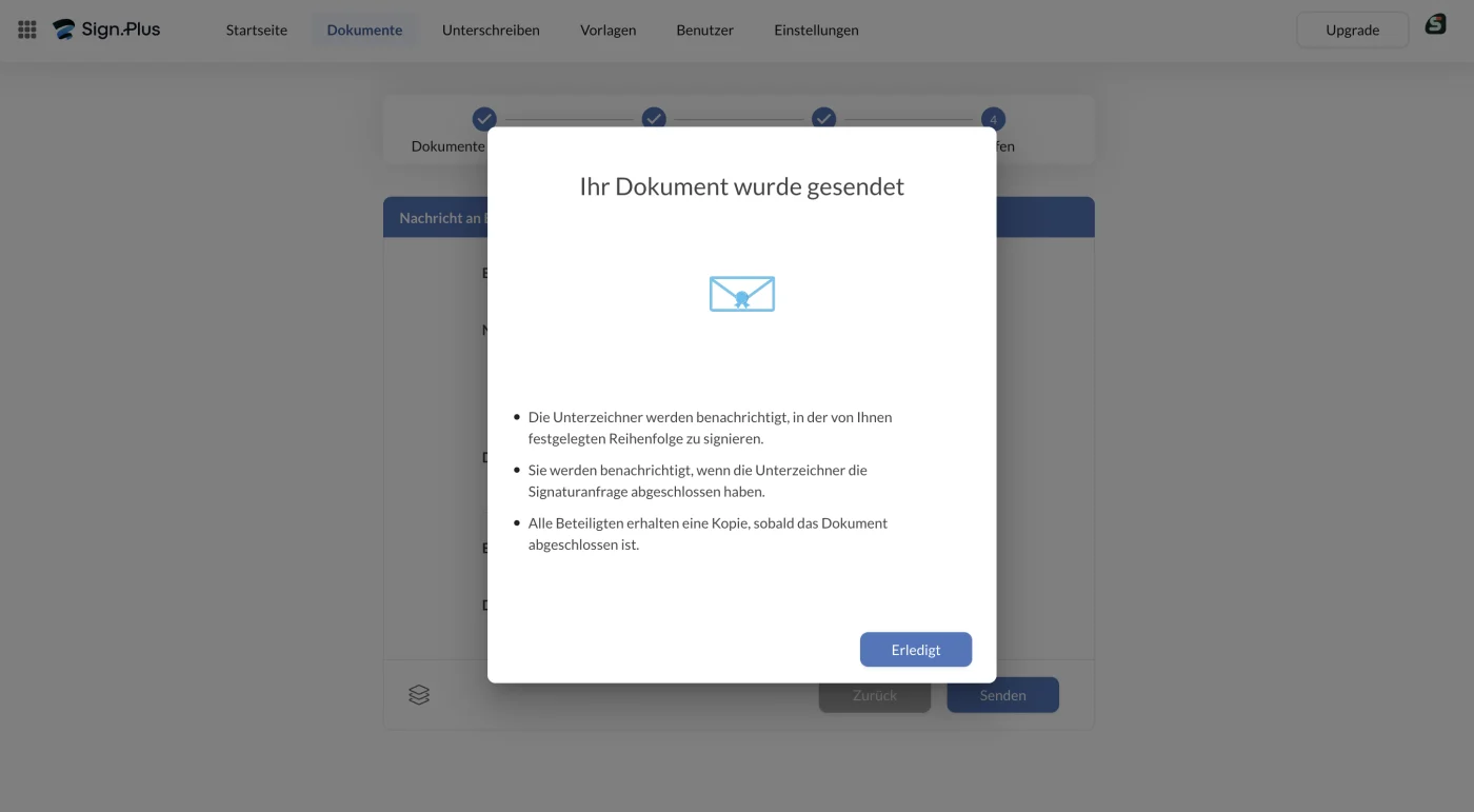 Bestätigungsdialog Ihr Dokument wurde gesendet mit drei Hinweisen zum Ablauf