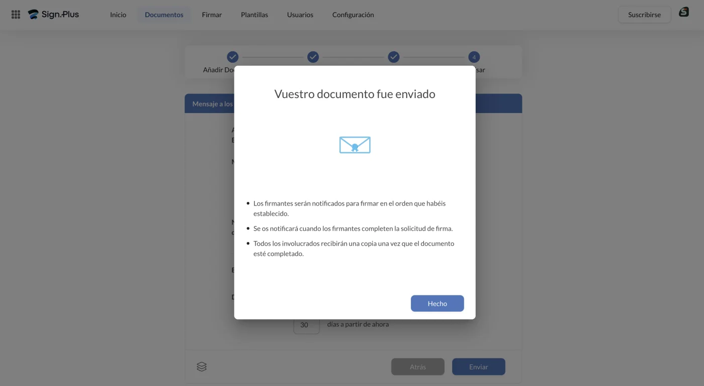 Cuadro de confirmación de envío con tres notas sobre el orden y los avisos