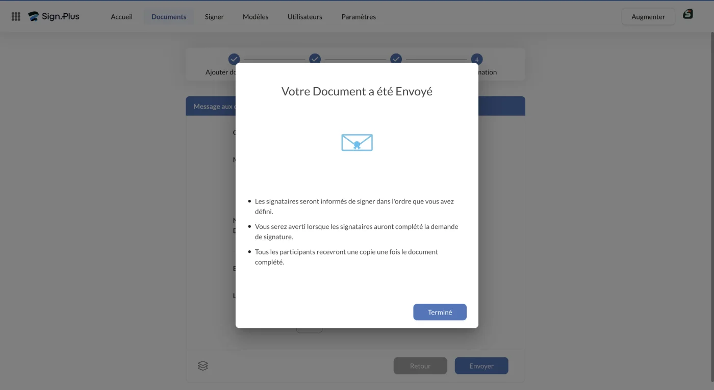 Fenêtre de confirmation Sign.Plus indiquant Votre Document a été Envoyé avec trois précisions sur les notifications