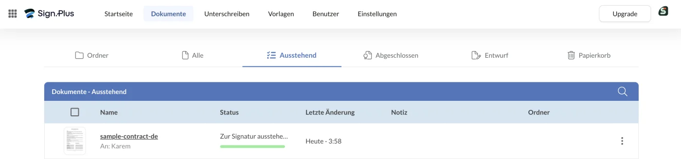 Reiter Ausstehend im Bereich Dokumente mit dem laufenden Signaturvorgang