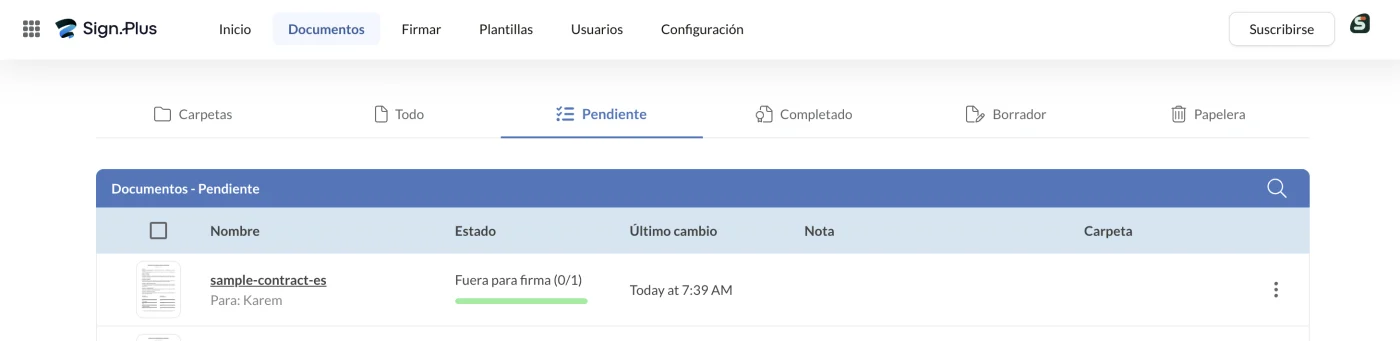 Pestaña Pendiente del área Documentos con el contrato en curso de firma
