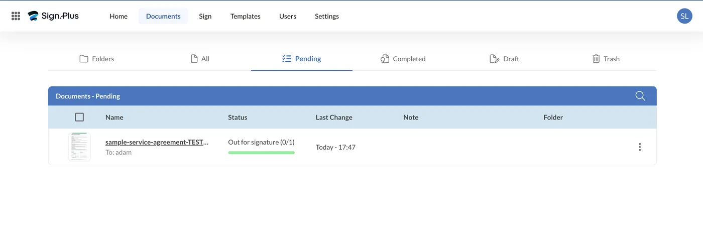 Sign.Plus Documents Pending tab showing the agreement out for signature with a progress indicator