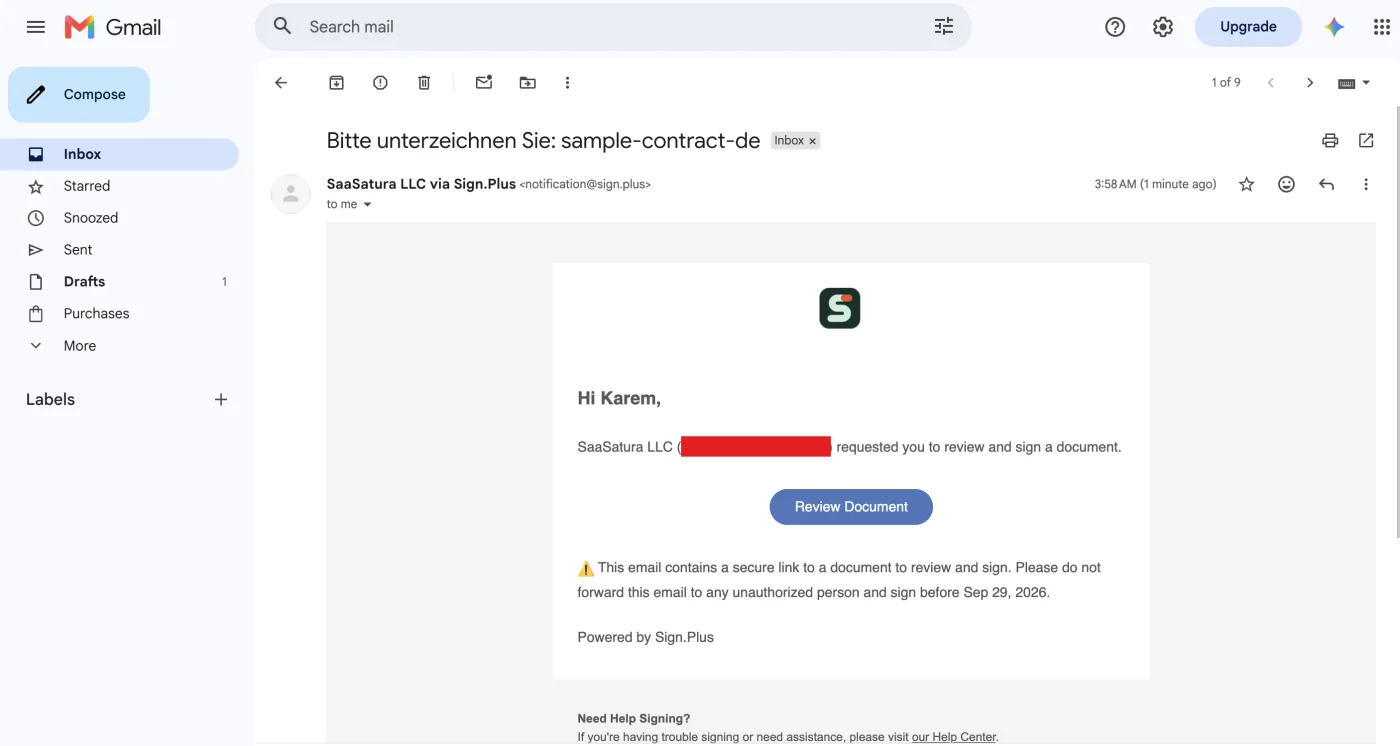 Die Signaturanfrage im Posteingang des Unterzeichners mit der Schaltfläche Review Document
