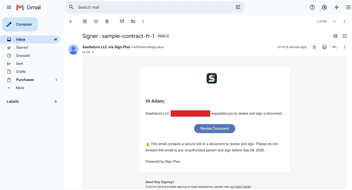 La demande de signature reçue dans Gmail, envoyée via Sign.Plus