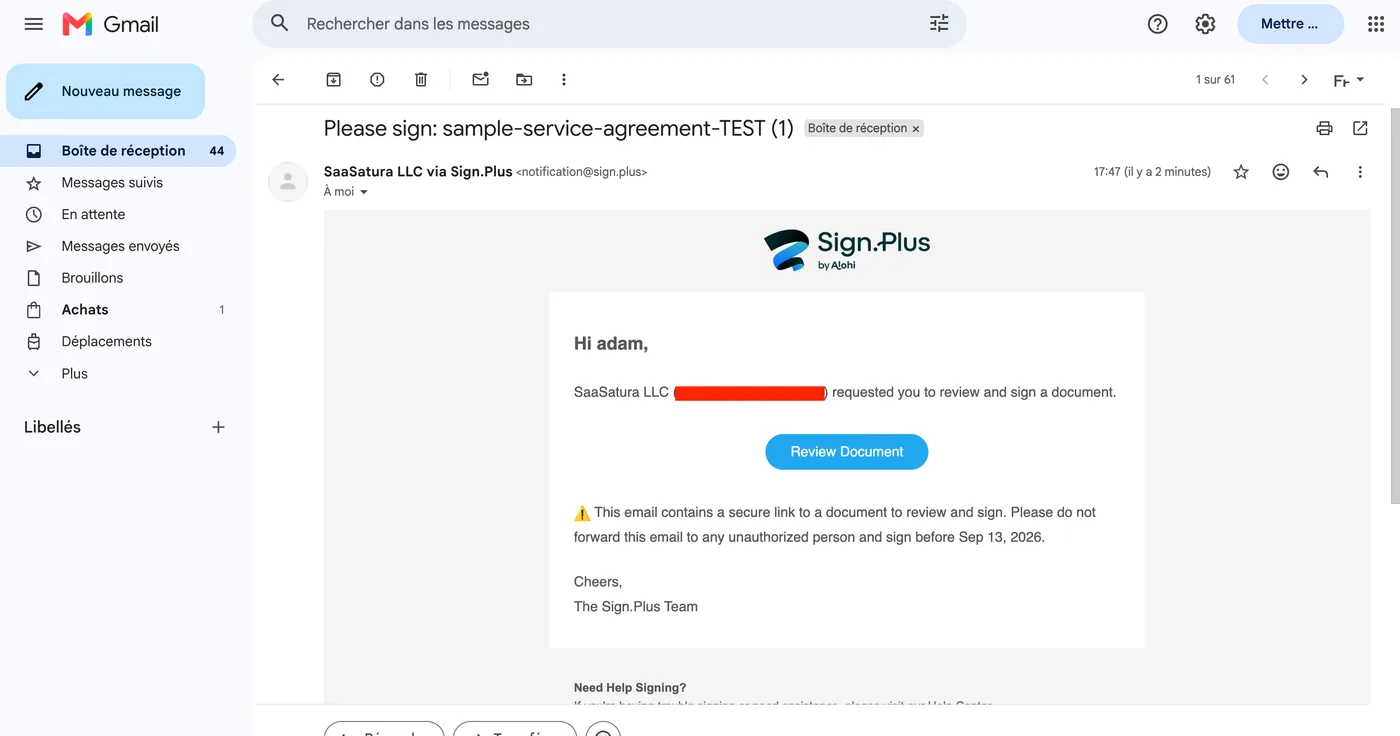 The signature request email received in Gmail, sent via Sign.Plus with a Review Document button
